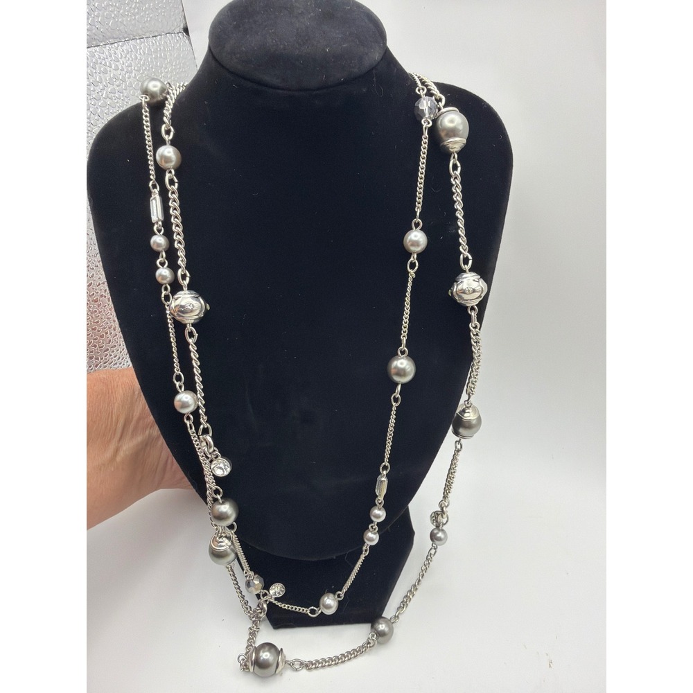 Lane Silver Tone Multi Strand Long Necklace Grey Faux Pearl Crystal Accents